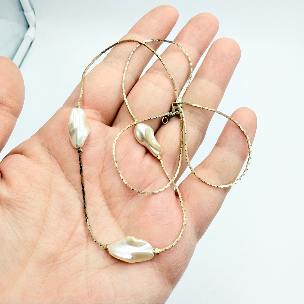 Vintage Korea Faux Pearl Station Choker Necklace Gold Tone Chain Minimalist